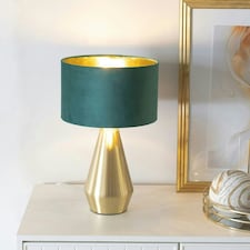 ValueLights Jax Gold Dimmable Touch Table Lamp with Forest Green Velvet with Gold Inner Lamp Shade and LED Bulb