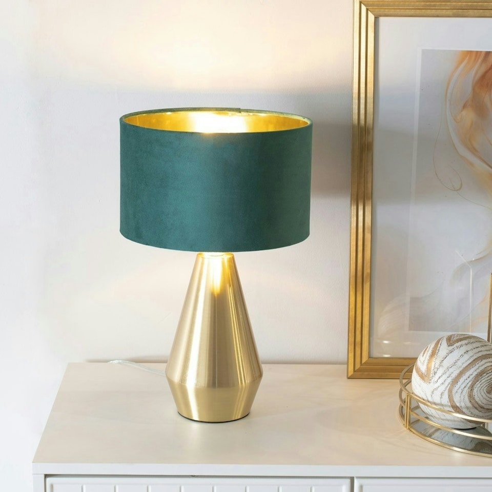 image 1 of ValueLights Jax Gold Dimmable Touch Table Lamp with Forest Green Velvet with Gold Inner Lamp Shade and LED Bulb