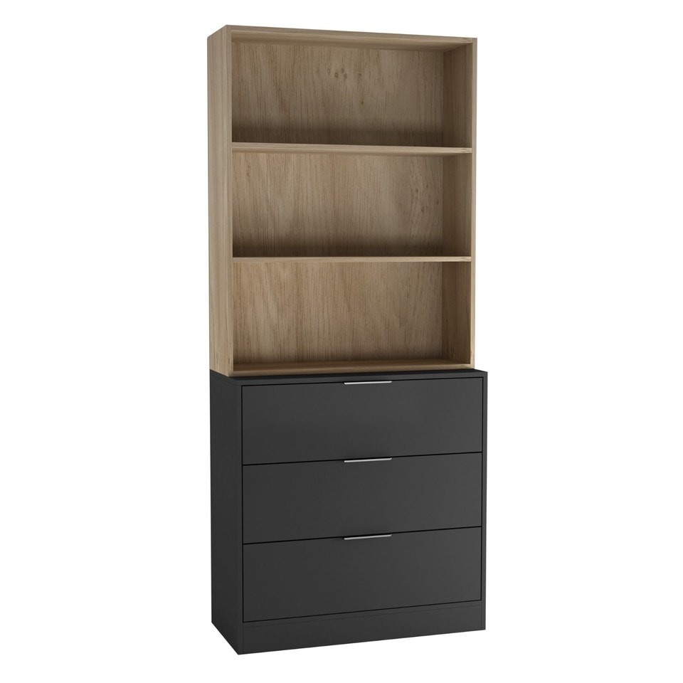 image 1 of 3 Drawer Tier Wooden Storage Chest Cabinet & Display Bookcase Shelving | Black | Black Drawers & Oak Bookcase | 1