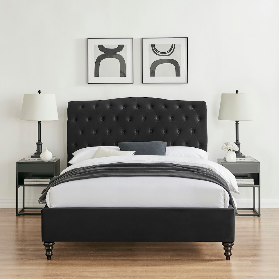 image 1 of 4ft6 Double Fabric upholstered, Black,buttoned back,curved bed frame,bedstead