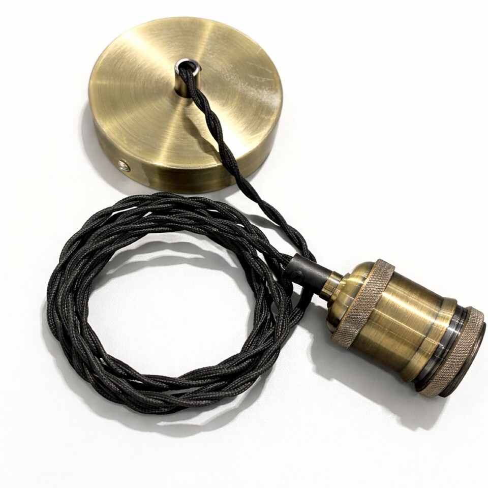 image 1 of CGC Lacey Antique Brass Pendant with Black Twisted 1.5m Adjustable E27 Cable and Matching Ceiling Rose