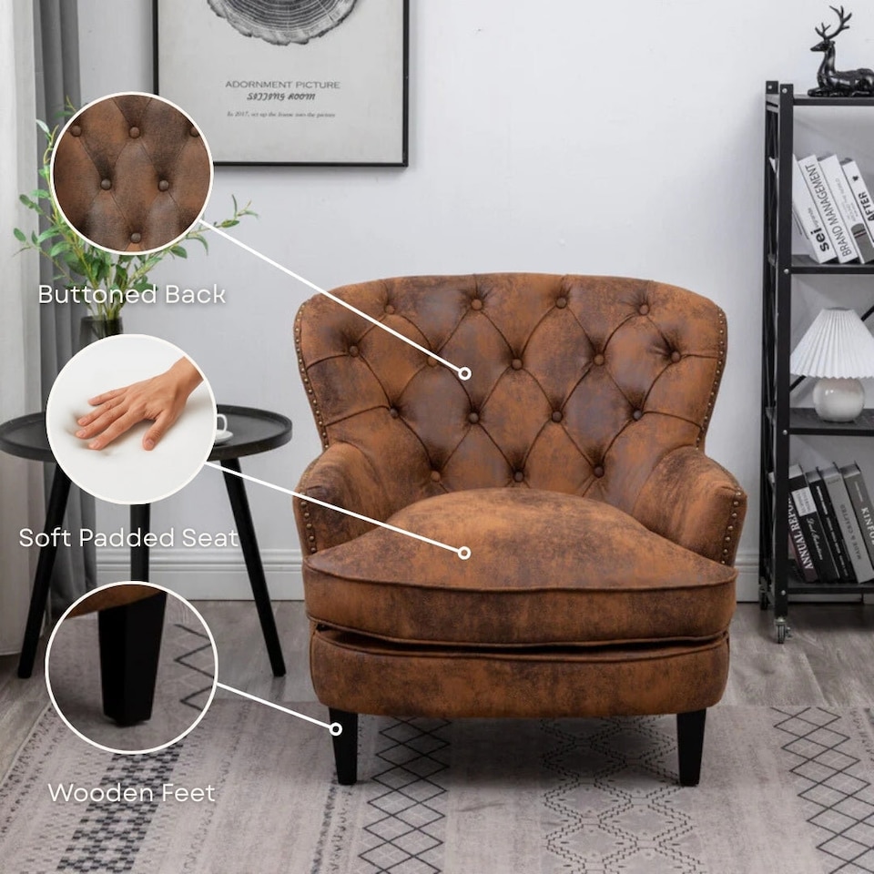 image 1 of Faux Leather Suede Brown Buttoned Ava Accent Chair