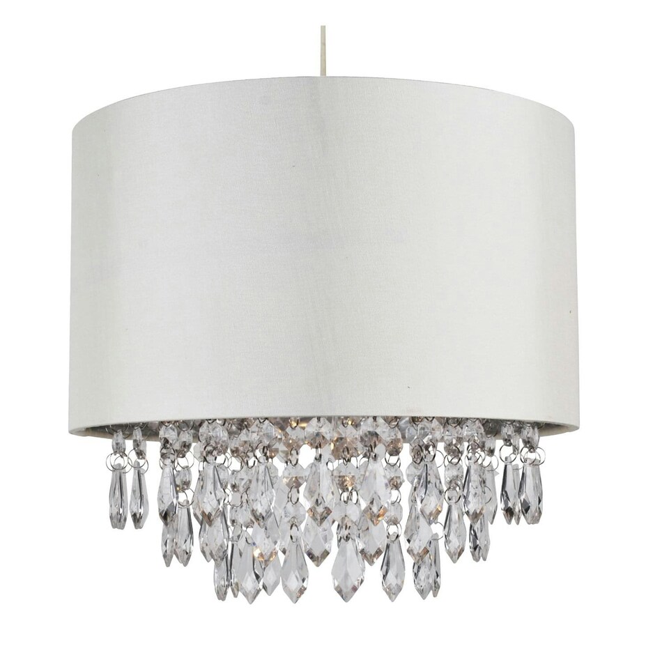 image 1 of First Choice Lighting Set of 2 300mm Cream Faux Silk Ceiling Adjustable Flush Shade with Chrome Inner and Clear Droplets Chrome | Cream
