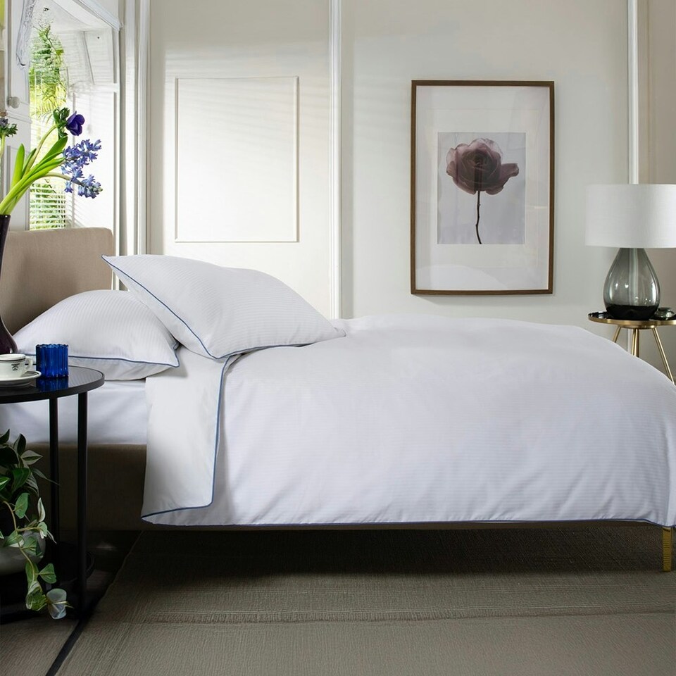 image 1 of 240 Thread Count 100% Cotton White Duvet Cover Set – Ridgeway Sateen Striped with Piped Detailing White | Super King