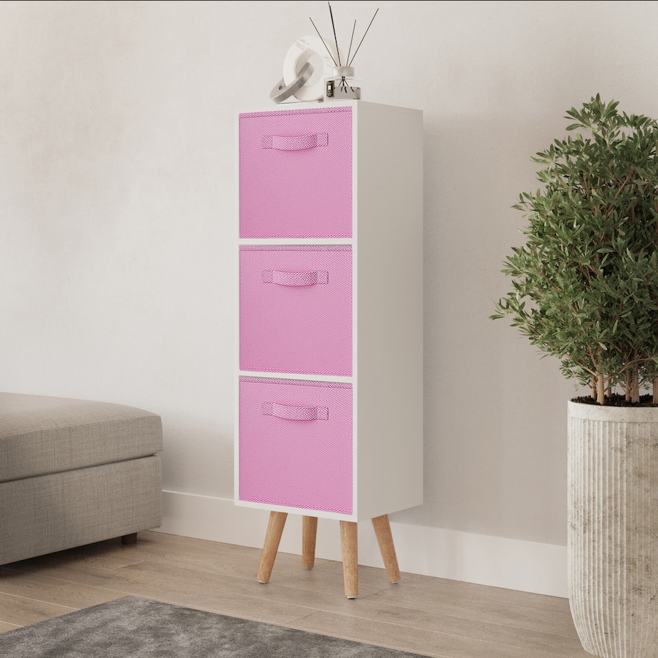 image 1 of White 3-Tier 3-Drawer Cube Shelving Unit with Scandinavian Legs | Pink | Light Pink & Beech | 1