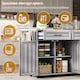 image 4 of VILUXE Mobile Kitchen Island with Foldable Worktop, 2 Drawers, Adjustable Shelves, Towel Rail, Wheels and Solid Wood Feet, Grey and White