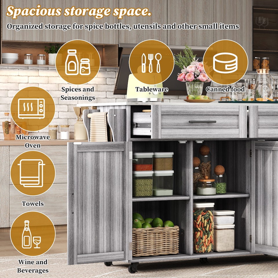 image 1 of VILUXE Mobile Kitchen Island with Foldable Worktop, 2 Drawers, Adjustable Shelves, Towel Rail, Wheels and Solid Wood Feet, Grey and White