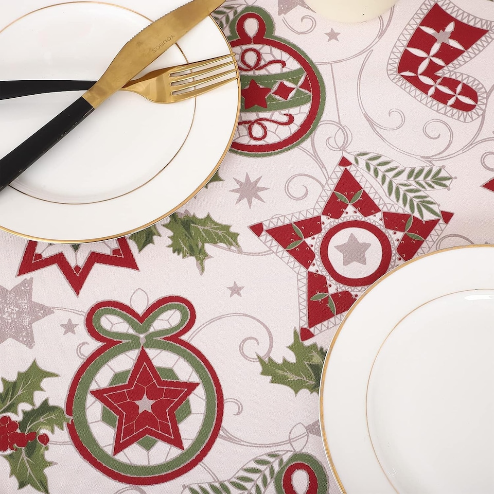 image 1 of London Boutique White Christmas Tablecloth, Waterproof Polyester Table Cover with Star Holly Ornament Print