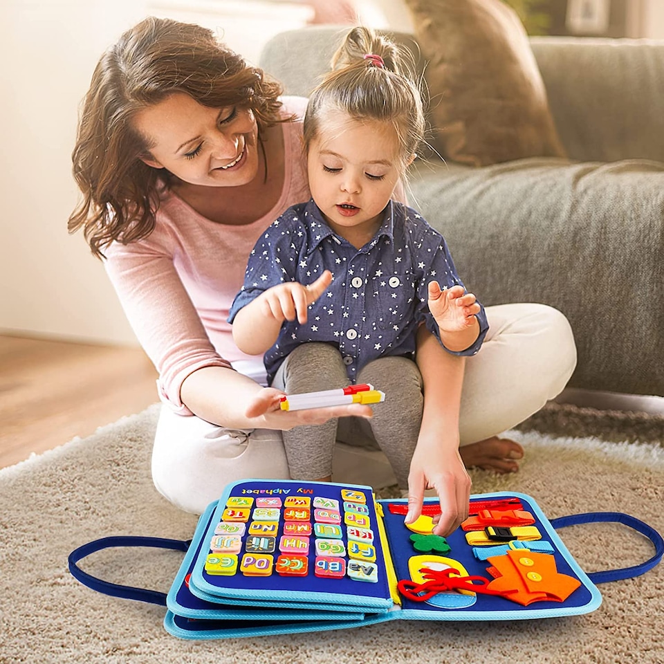image 1 of Busy Board Montessori Sensory Toy - 10 Pages Quiet Book for Toddlers, Fine Motor & Learning Skills, Travel Toy for Kids Ages 3 plus (Blue)