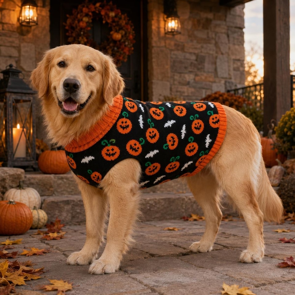 image 1 of Large Halloween Pet Dog Jumper Black Orange Pumpkin Knitted Sweater 50cm