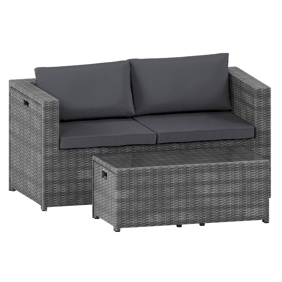 image 1 of Garden Vida Islay 6 Seater Rattan Outdoor BBQ Patio Set with 2 Seater Sofa, 2x Chairs, 2x Stools, Glass Top Coffee Table - Grey