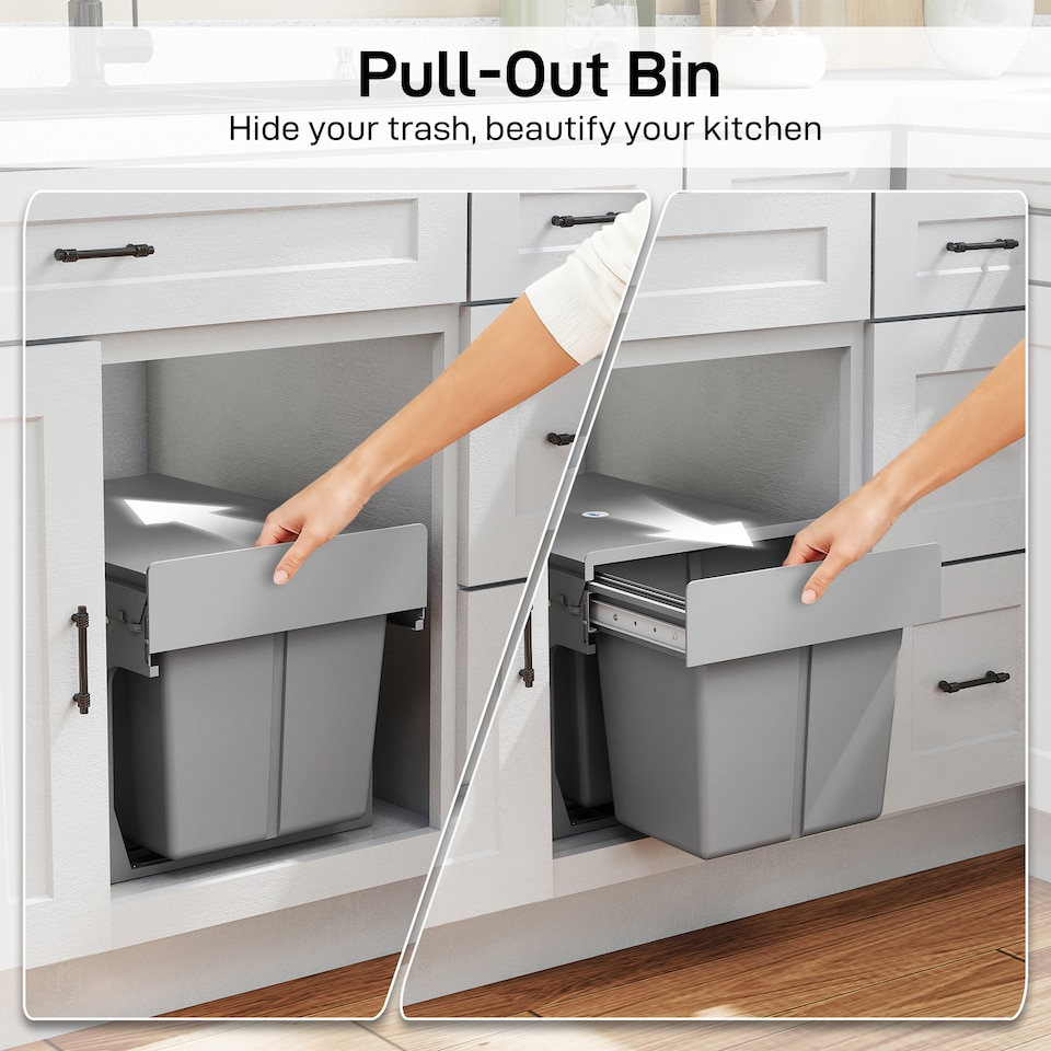 image 1 of HOMCOM 30L Pull Out Bin - 2 Compartments (15L Each), Soft Close Under Sink Bin with Removable Buckets for 400mm Cabinets, Kitchen Waste and Recycling, Base Mounted, Light Grey