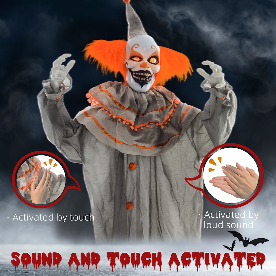 image 1 of HOMCOM 183cm 72 Orange Classic Clown Outdoor Halloween Decoration, Halloween Animatronic with Sound Activated, Light Up Eyes, Sound Effects, Animated Prop for Haunted House