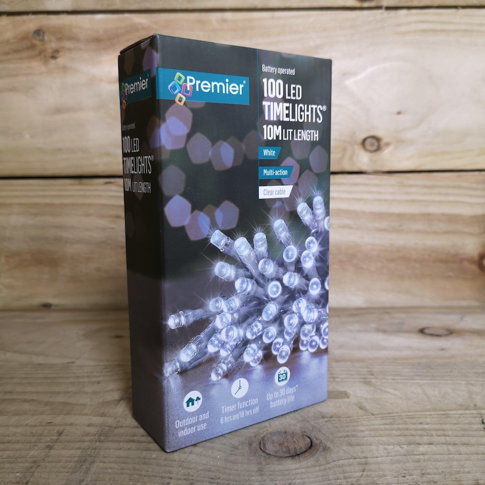 image 1 of 100 LED 10m Premier Christmas Outdoor Multi Function Battery Lights with Timer & Clear Cable in Cool White