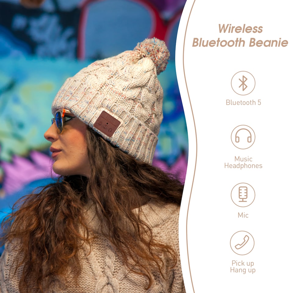 image 1 of Pom Pom Beanie Hat with Rechargeable Bluetooth Wireless Headphones Integrated – Audio, Volume, Call Buttons - Built-In Mic for Hands Free Calls - August EPA30G | Cream | 1