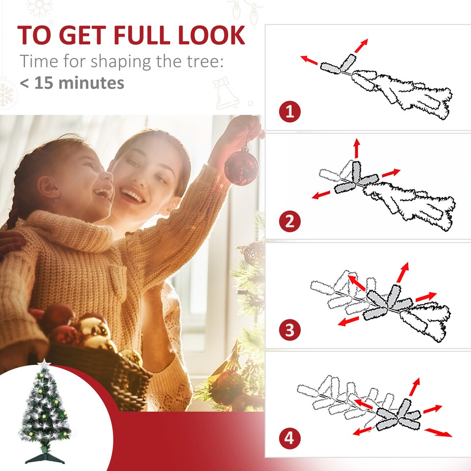 image 1 of HOMCOM 3ft White Light Artificial Christmas Tree w 90 LEDs Star Topper TriBase Full Bodied Seasonal Decoration PreLit Home