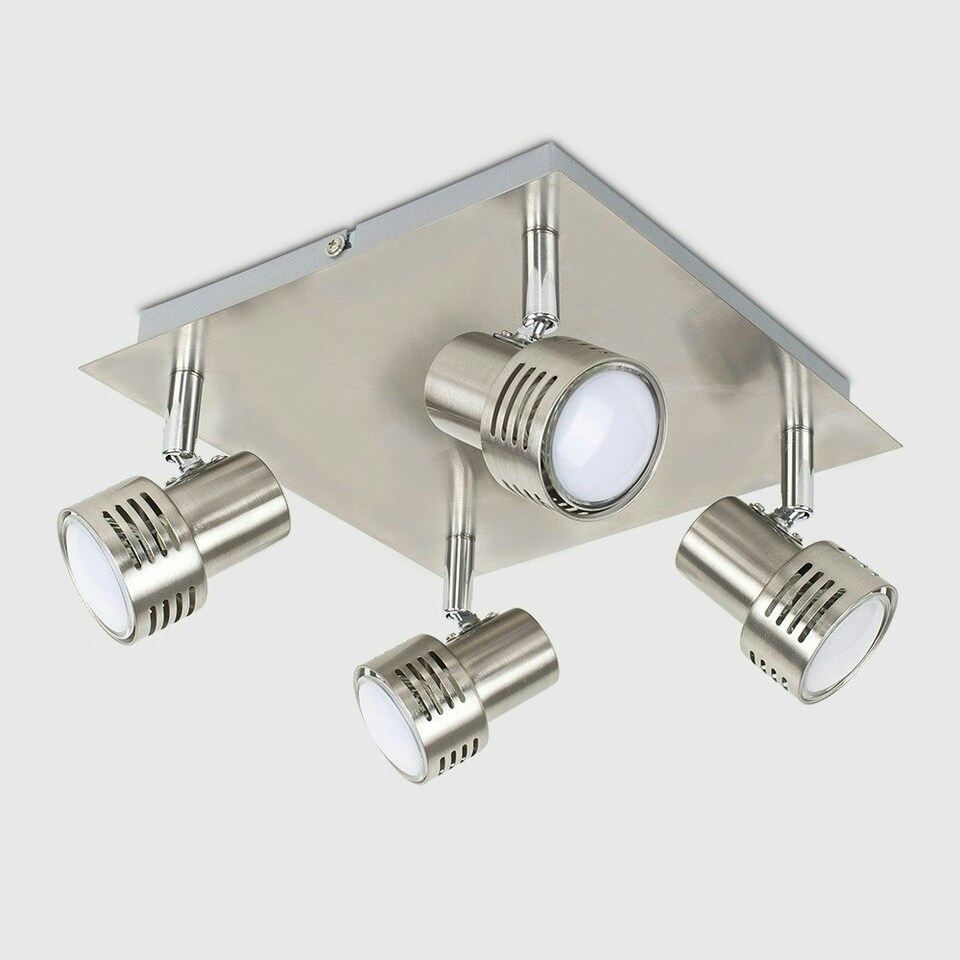 image 1 of ValueLights 4 Way Square Brushed Chrome Ceiling Spotlight with LED GU10 Warm White Bulbs Chrome