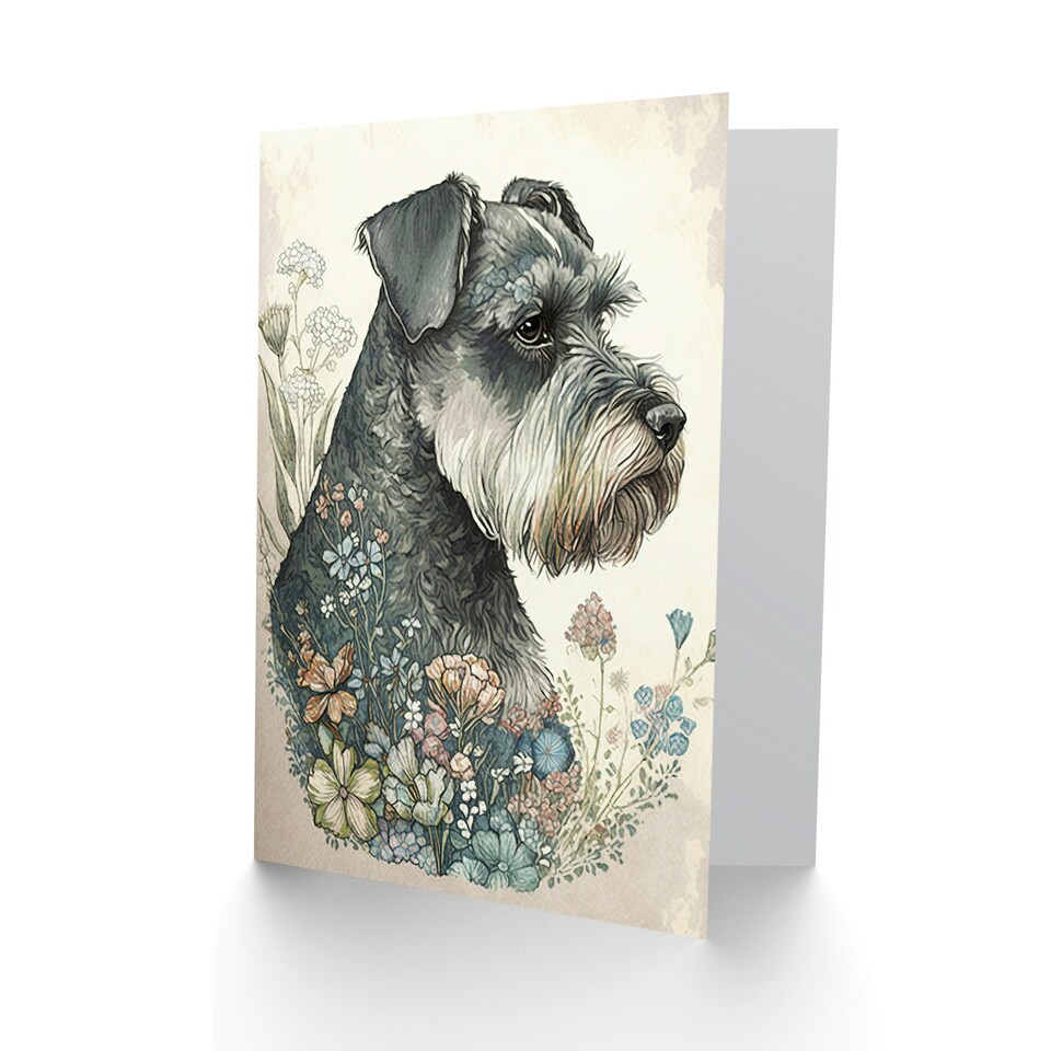 image 1 of Dog Lover Grey Schnauzer With Spring Wildflowers Boho Greeting Card
