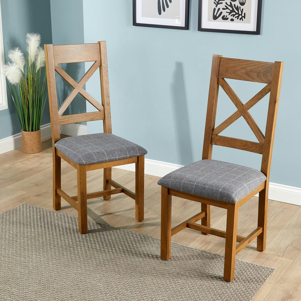 image 1 of Pair Of High Backed Dining Chairs Checked Seat Solid Oak Legs Fully Assembled Grey | Slatted Back