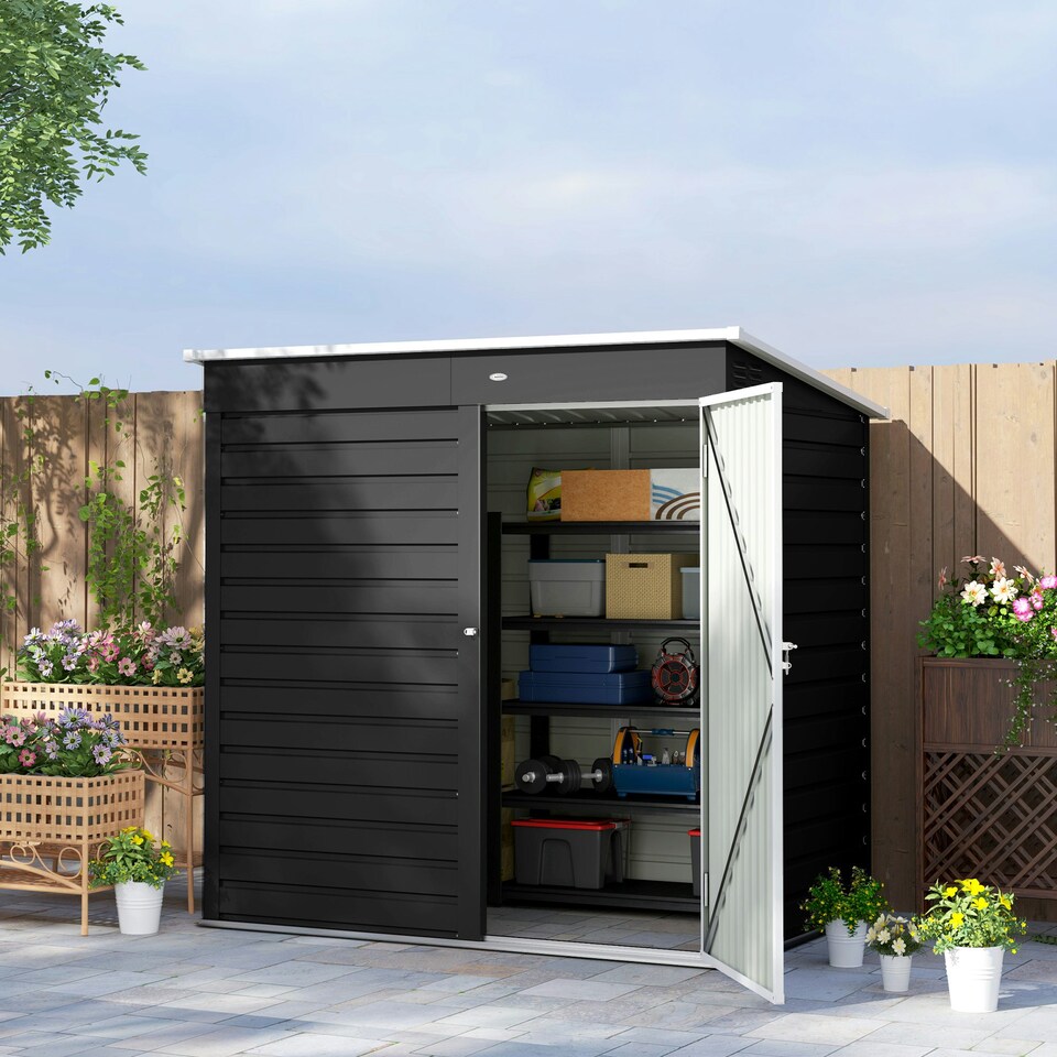image 1 of Outsunny 6x4ft Metal Garden Shed w/ Lockable Door, Dark Grey Grey