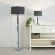 ValueLights Victoria Grey Wood Traditional Stem Floor Lamp with Charcoal Fabric Drum Shade and LED Bulb