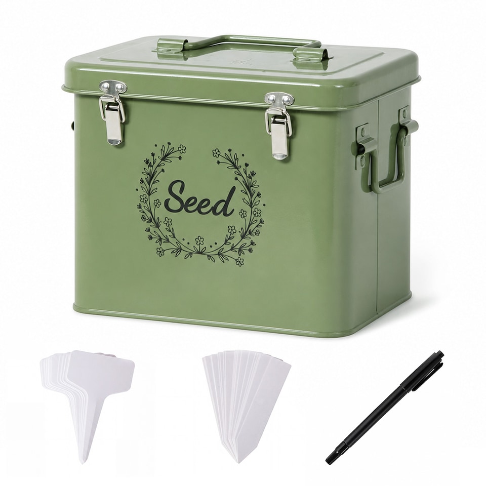 image 1 of TOQUE Seed Storage Box Organiser 3 Compartment Metal Seed Storage Green