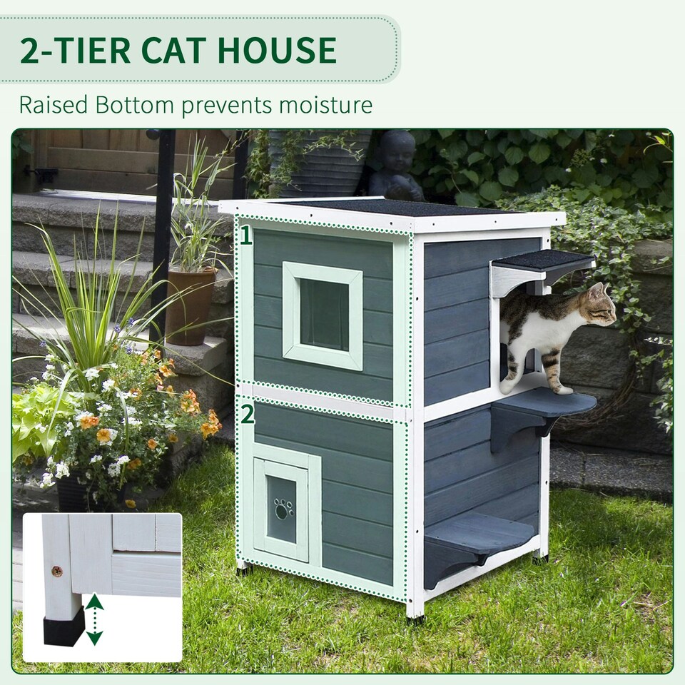 image 1 of PawHut Wood 2-Floor Cat Condo Pet House Kitten Shelter with Window - Gray