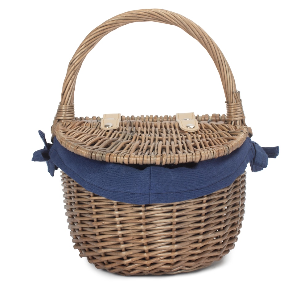 image 1 of Small Antique Wash Finish Oval Wicker Picnic Basket with Blue Lining | Blue | Navy Blue