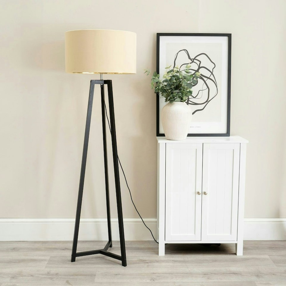 image 1 of ValueLights Lottie Black Wood Tripod Floor Lamp with Beige and Gold Drum Shade