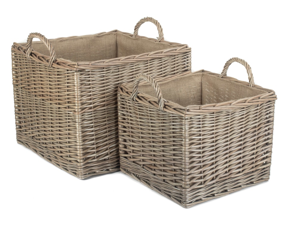 image 1 of Set of 2 Antique Wash Square Hessian Lined Log Basket | Brown | Brown | Not provided