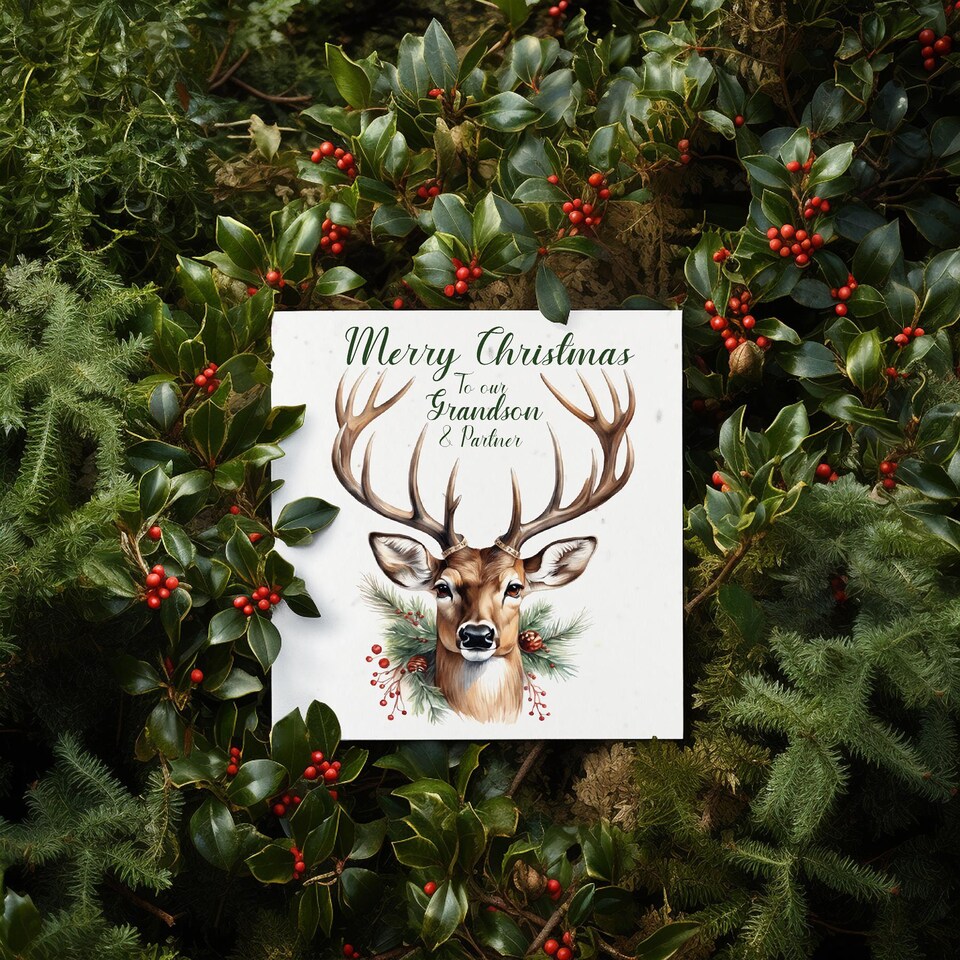 image 1 of Festive Stag - Grandson & Partner - Plantable Wildflower Seed Christmas Card