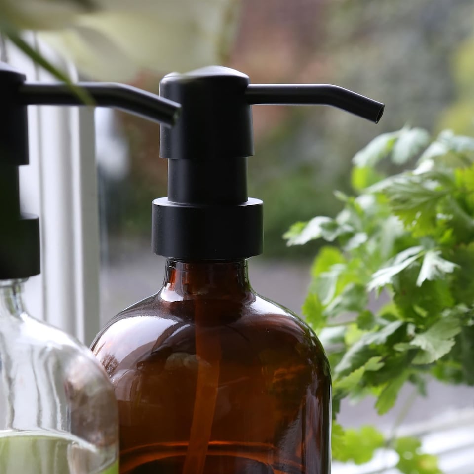 image 1 of Harbour Housewares 2pc Glass Soap Dispenser Set with Ceramic Tray & Labels - 500ml - Amber/Black