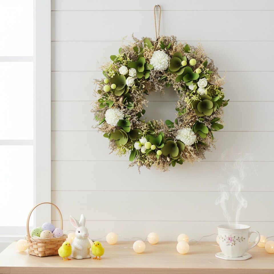 image 1 of Hanging Door Wreath Round Spring Easter Christmas Wall Decor Traditional Festive | Multi | Green & White | 34cm | 1
