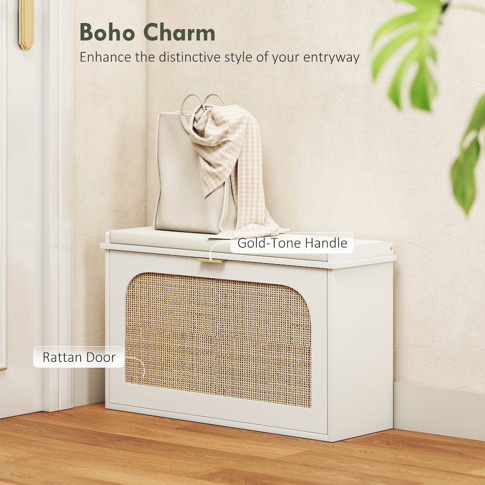 image 1 of HOMCOM Narrow Shoe Bench with Padded Seat and Flip-Drawer, Boho Shoe Storage Bench with Rattan Door and Adjustable Shelf for Hallway, Entryway, Holds 8 Pairs, White | White | White