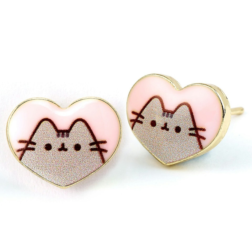 image 1 of Pusheen the Cat Heart Shaped Stud Earrings - Gold