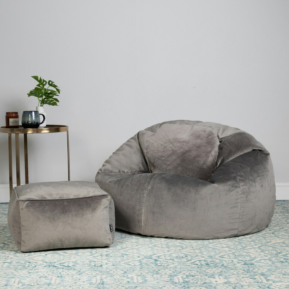 image 1 of icon Aurora Classic Velvet Bean Bag Chair & Pouffe Charcoal Grey Bean Bag Chair Grey