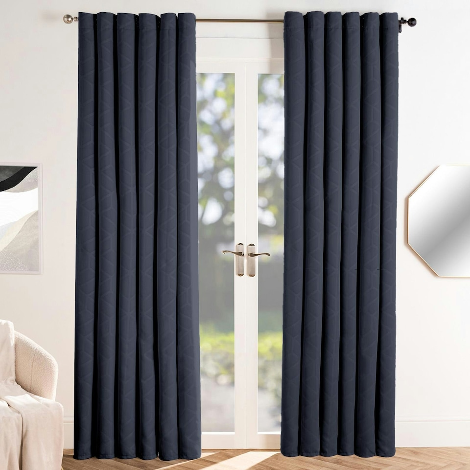 image 1 of OHS Geo Print Thermal Blackout Eyelet Curtains, 90x90" - Navy Blue