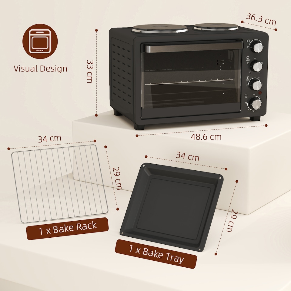 image 1 of HOMCOM 28L Countertop Toaster Oven with 2 Hot Plates, Grill, Roast, Bake