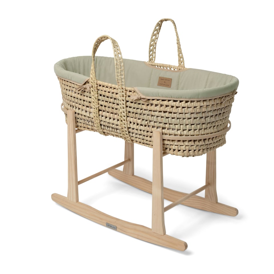 image 1 of Clair de Lune Organic Palm Moses Basket With Rocking Stand - Sage