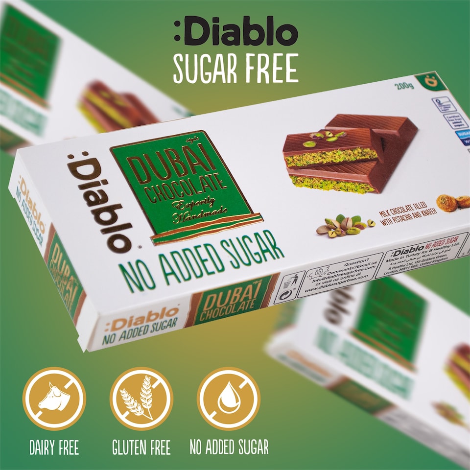 image 1 of Diablo No Added Sugar Dubai Chocolate Bar 200g