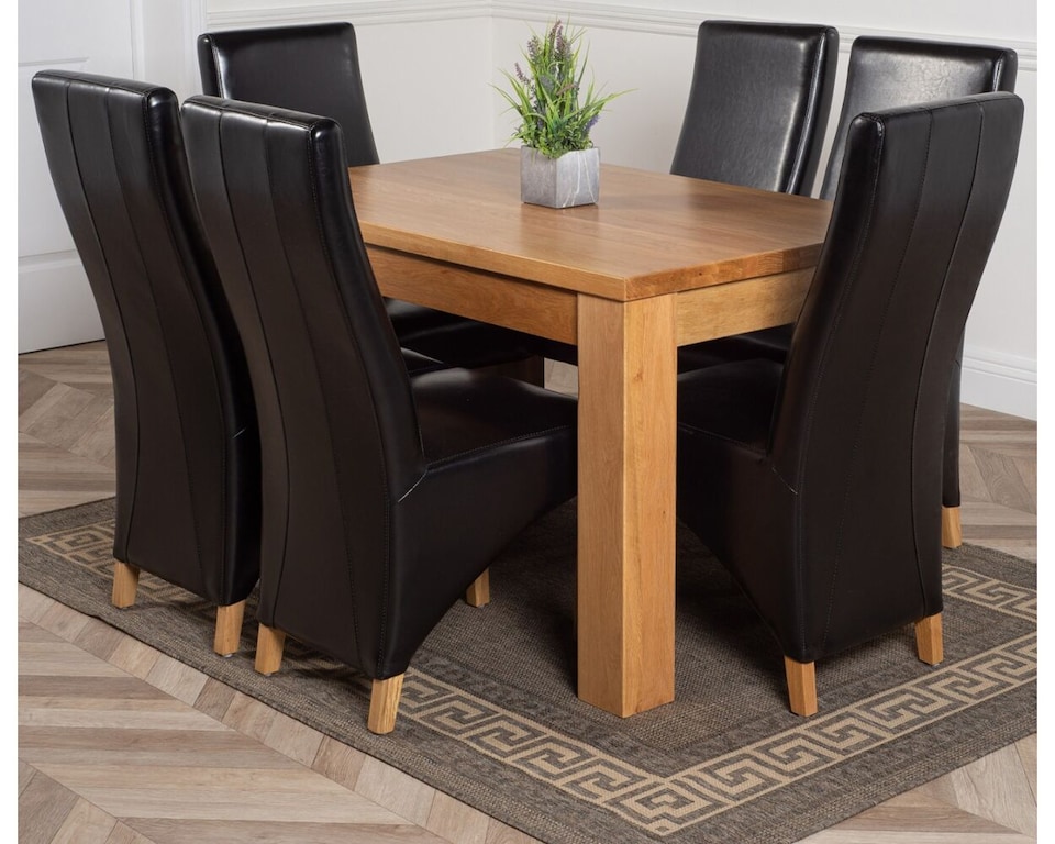 image 1 of Dakota 127 x 82cm Oak Small Dining Table and 6 Lola Leather Chairs | Black | Black