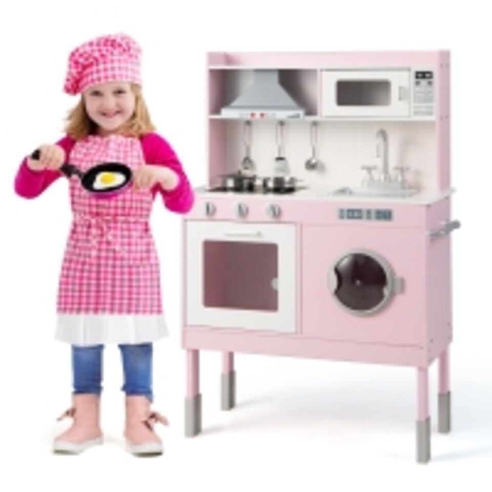 image 1 of COSTWAY Pretend Play Kitchen Toy Kitchen Playset with Range Hood-Pink