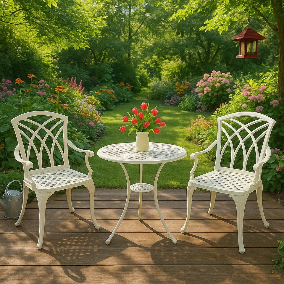 image 1 of Centurion Supports OSHOWA Luxurious Garden and Patio Table and 2 Large Chairs with Armrests Cast Aluminium Bistro Set - White
