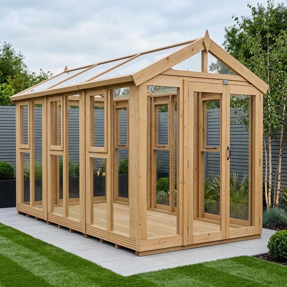 image 1 of 6ft x 12ft Apex Toughened Glass Greenhouse - Pressure Treated Timber - L183 x W366 x H210 cm - Natural