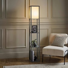 ValueLights Struttura Grey Shelving Floor Lamp with Fabric Shade | Grey