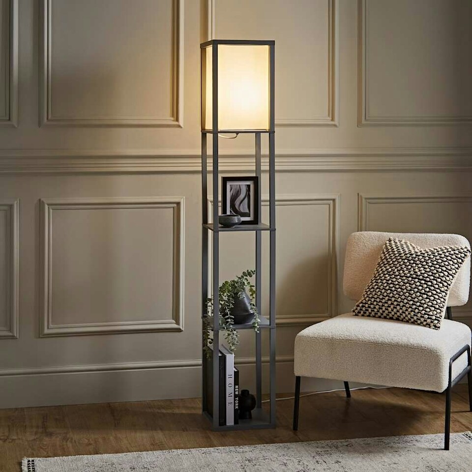image 1 of ValueLights Struttura Grey Shelving Floor Lamp with Fabric Shade | Grey