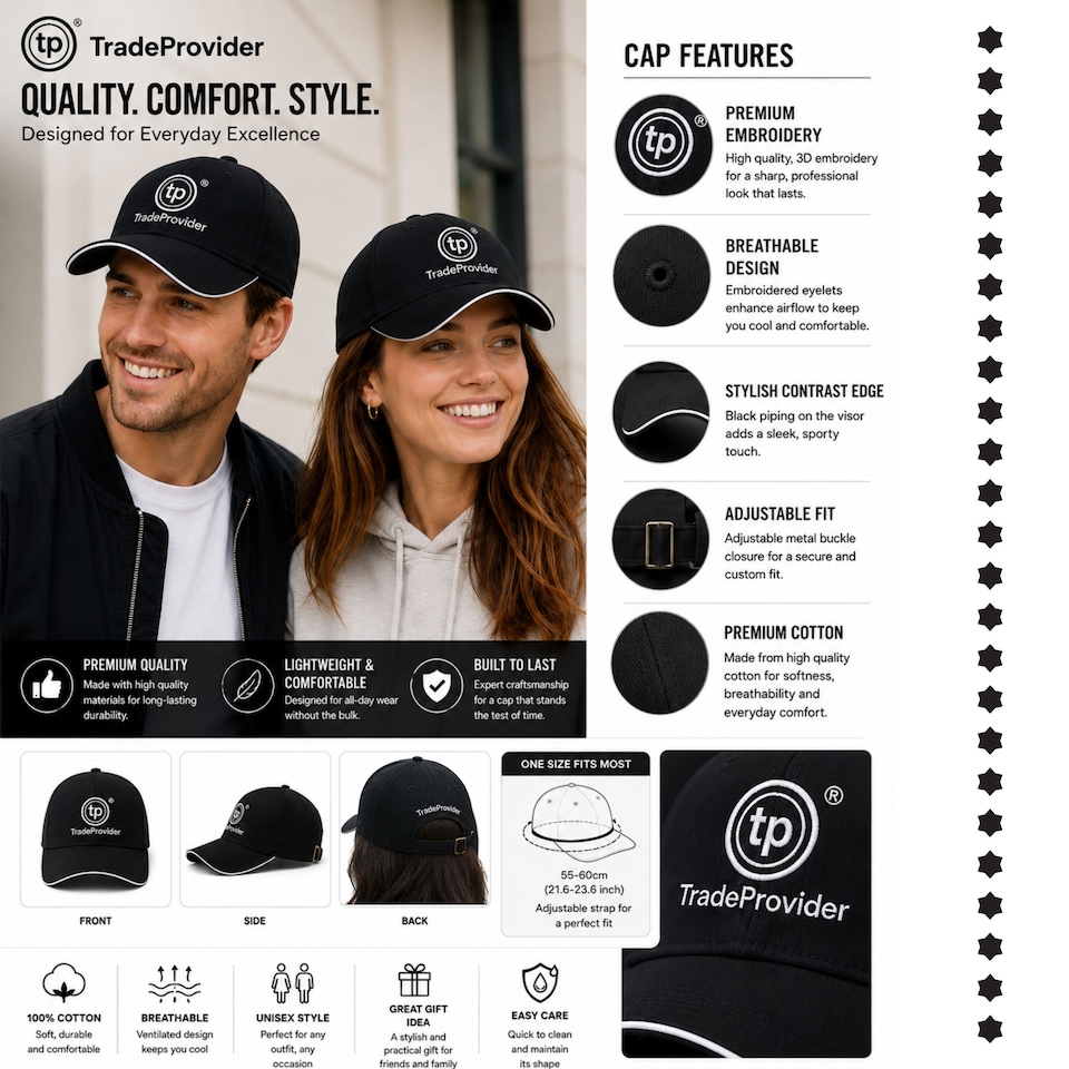 image 1 of TradeProvider Premium Adjustable Baseball Cap, Curved Peak with Contrast Pipping for Men & Women (Black)