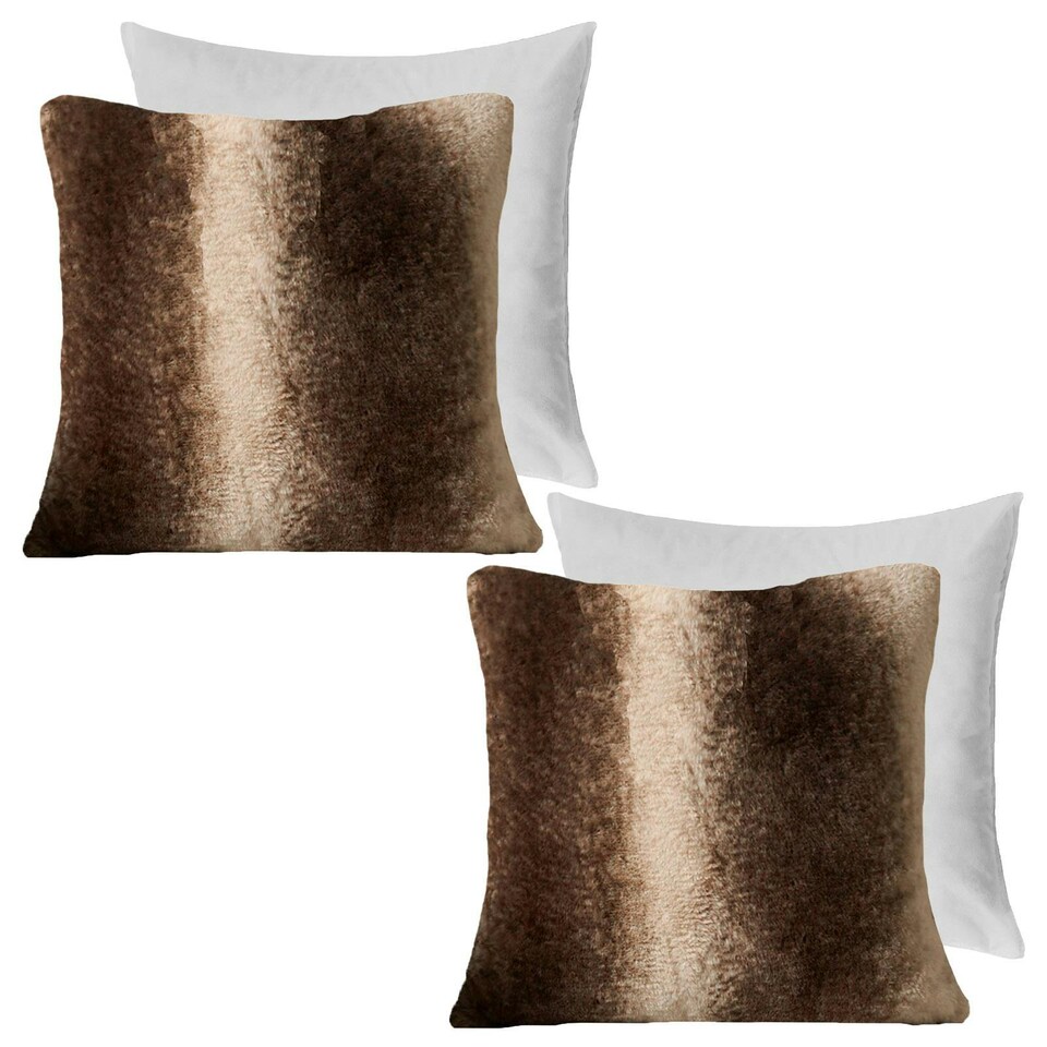 image 1 of OHS 2 x Faux Fur Striped Patterned Filled Cushions, 45x45cm - Brown