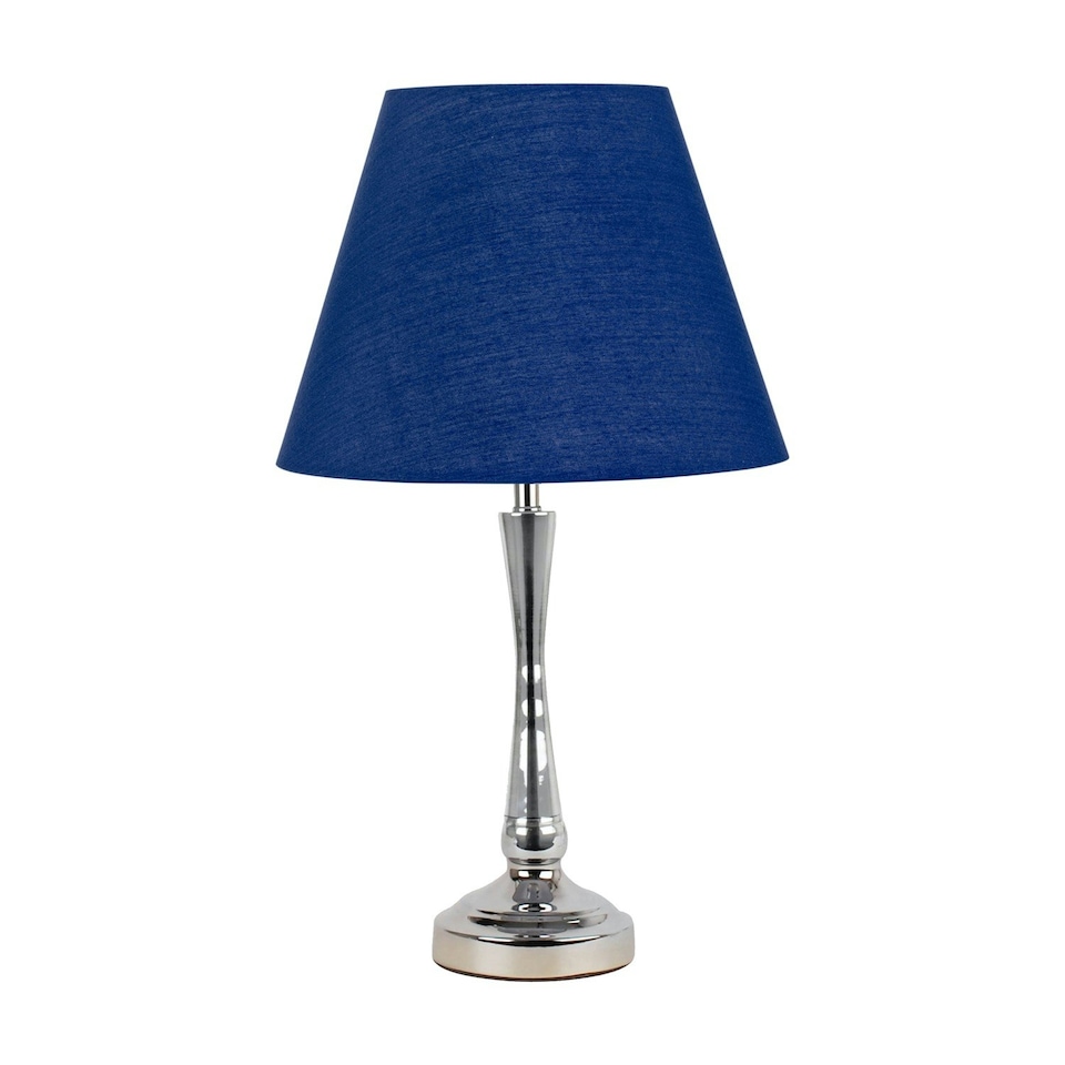 image 1 of Set of 2 Chrome Table Lamps with Stem Detail and Navy Blue Shades Chrome | Blue