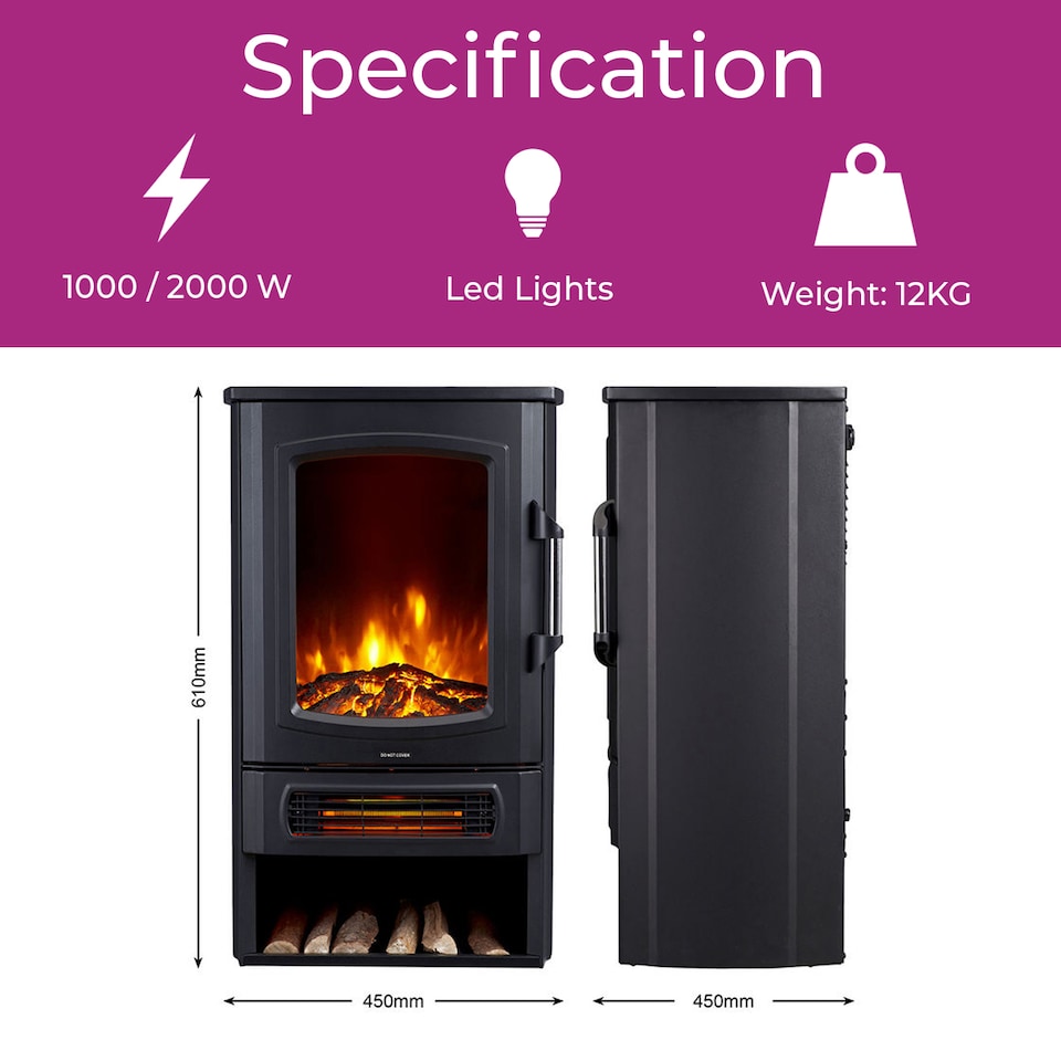 image 1 of Neo 1000W / 2000W Freestanding Electric Fire Stove Heater Burner Realistic Flame and Log Store | Black